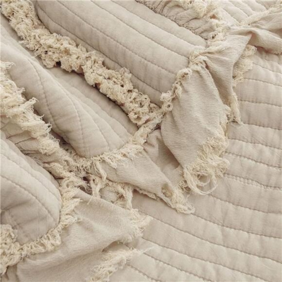 Ultra Soft Pre-Washed Quilted Boho Throw Blanket, Ruffle Fringed Beige - Picture 4 of 8